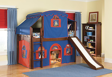Bolton Furniture Mission Twin Low Loft Bed, Cherry, with Blue/Red Top Tent, Bottom Playhouse Curtain and Slide